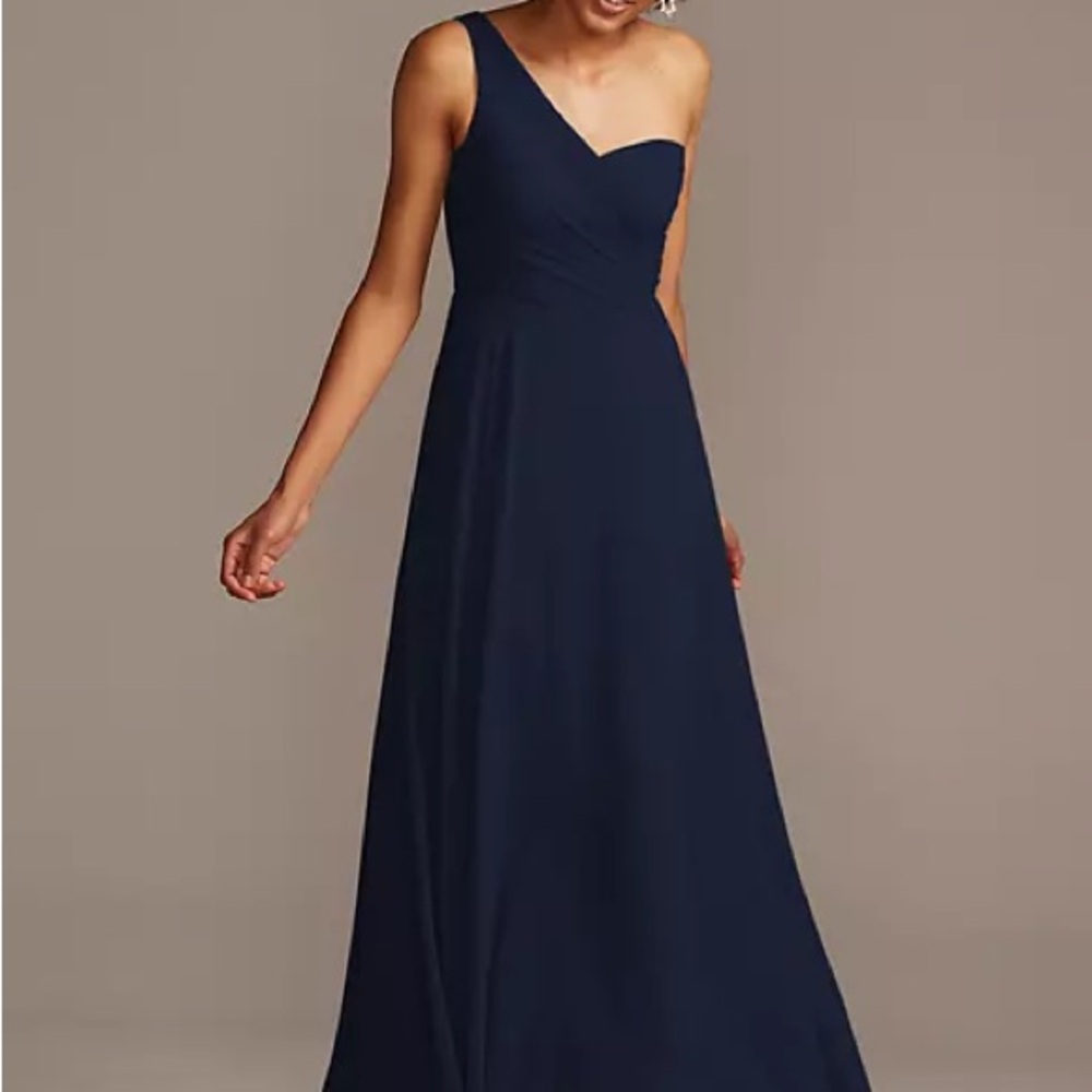 David’s Bridal full skirt dress with one shoulder marine navy blue